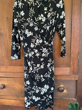 New York & Company Black Floral Wrap Dress with Cream and White Print